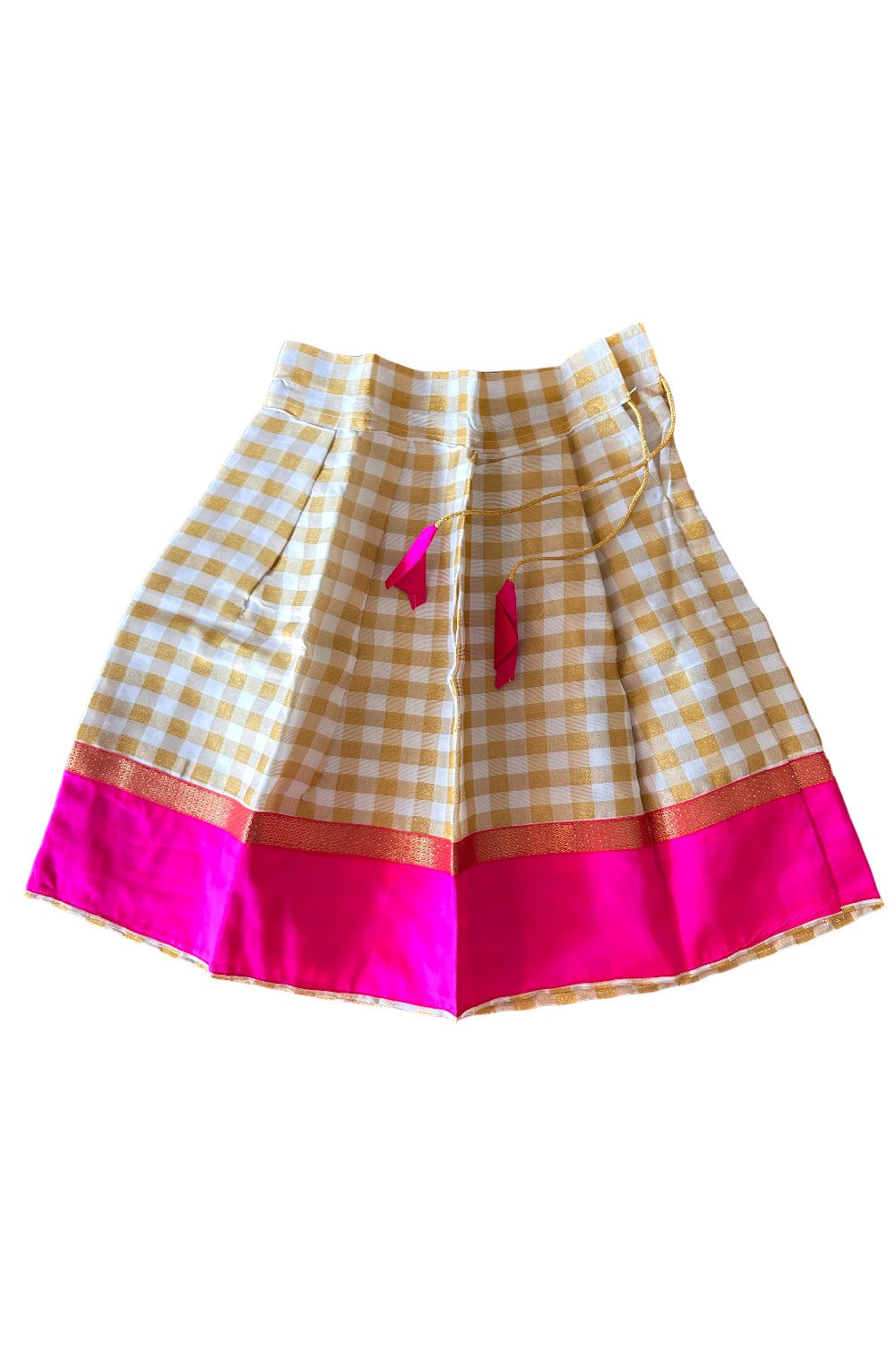 Midukki-Traditional South Indian Kids Pattu Pavada- Magenta top with pleats offwhite check skirt with magenta border- Age 3 - KK3MID004