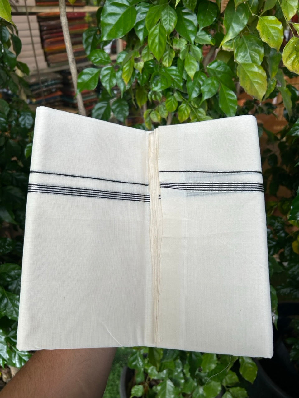 25% DISCOUNT!! KaithariKada HANDLOOM UNAKKUPAAV Balaramapuram - 100% PURE Cotton OFF White - (Unbleached) Double Mundu/Dothi - 100 x 80 - 0.25 inch Silver Black Stripes Kara 4 meter - 40 KK5249 REA