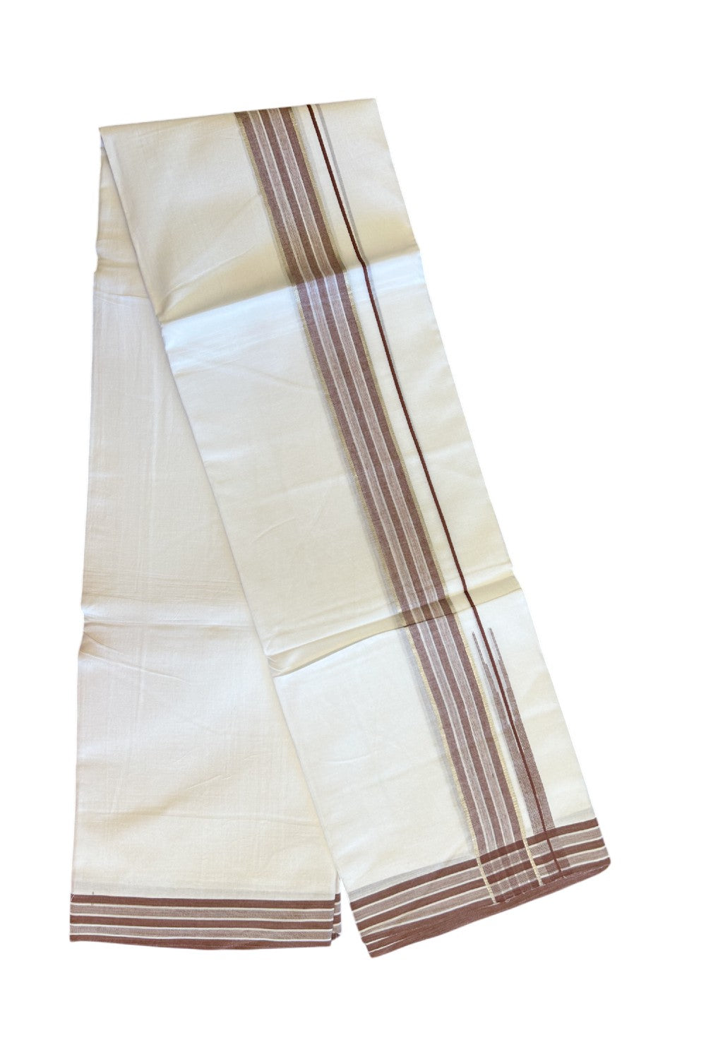 20% DISCOUNT!! Kaitharikada Balaramapuram 100% Cotton PURE WHITE Double Mundu/Dothi - 80X90 - 1.75 Inch Silver Kasav Walnut Brown Stripes Chuty Kara 3.70 m (8 Muzham) - 59KK5115THI