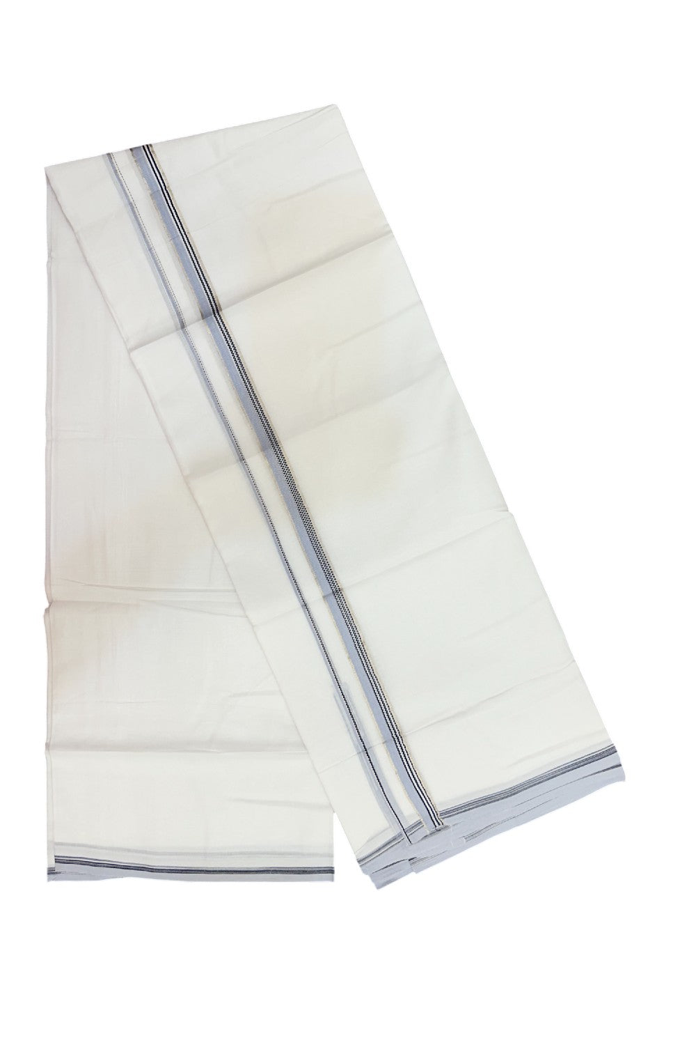 20% Discount !! Kaitharikada Balaramapuram 100% Cotton PURE WHITE DOUBLE Mundu/Dothi- 100X80 Thread - 0.5 inch - Silver Kasavu Black & Ash Blue Design Chutty Kara - 40KK5191CKS