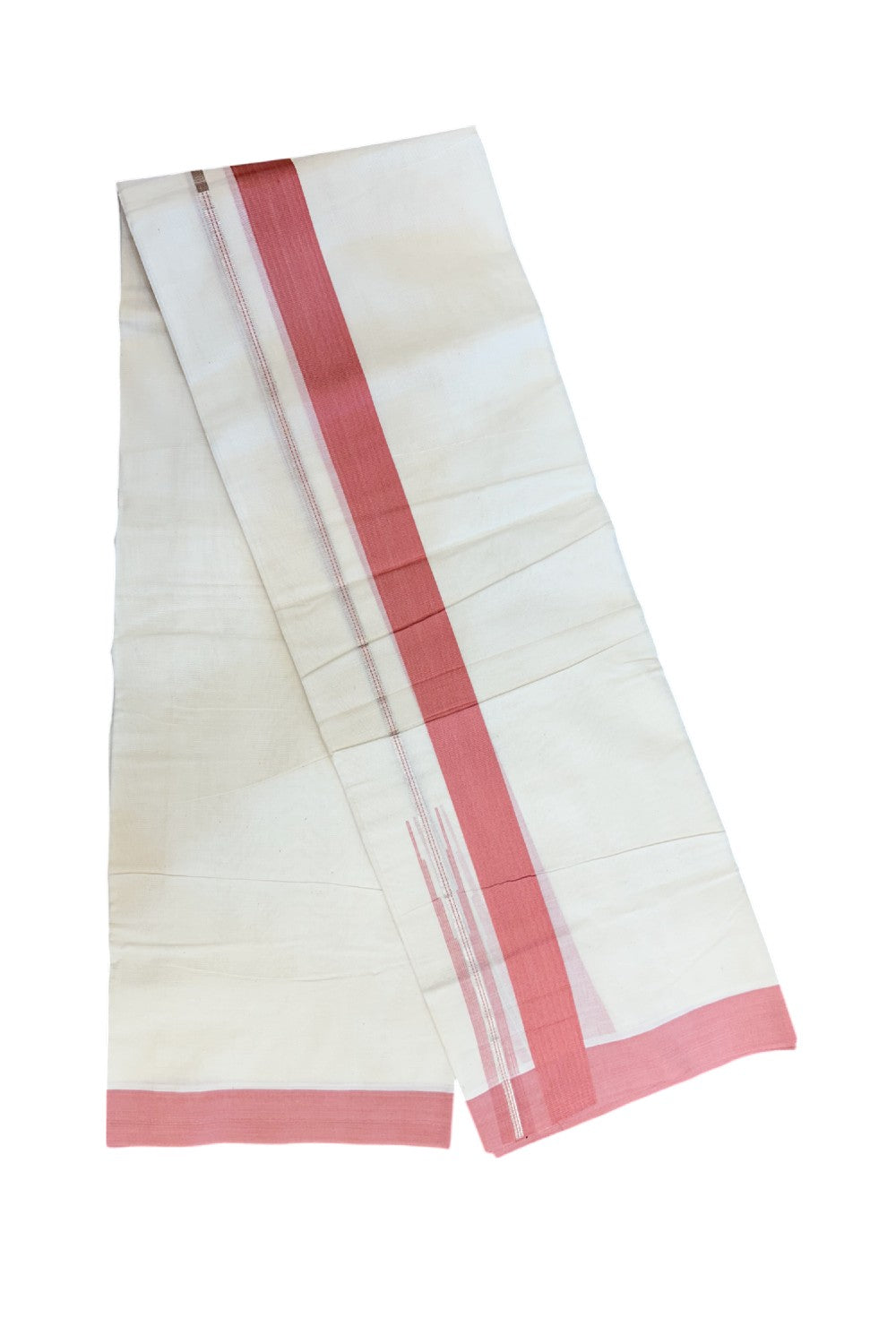 20% Discount ! KaithariKada Balaramapuram 100% Cotton Double OFF WHITE - (Unbleached) - Mundu / Dhoti- 100x80 - Puliyilakkara 1.5 inch Silver kasavu Rose Pink striped chutty - 40KK5213 VIN