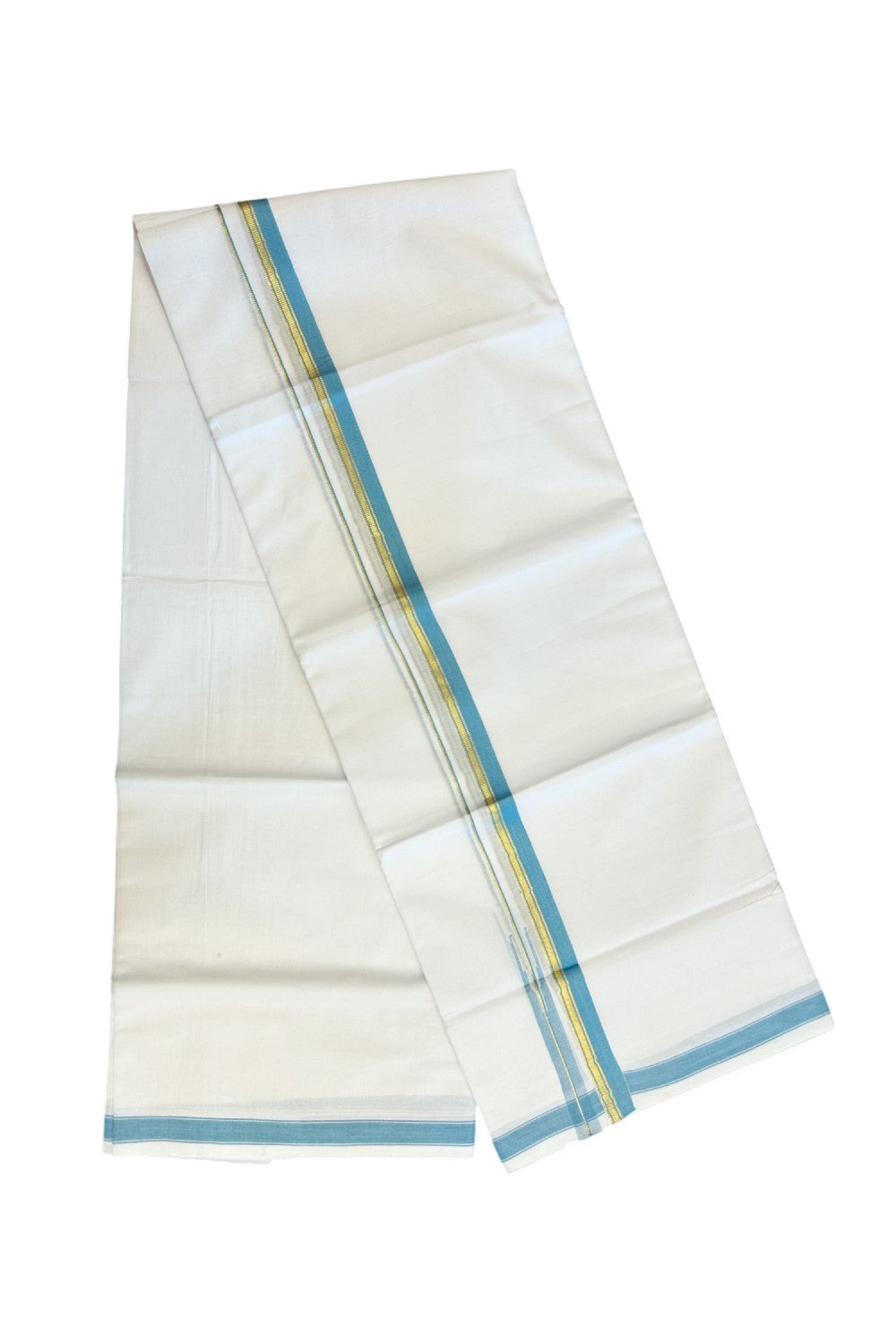 20% DISCOUNT!! Kaitharikada Balaramapuram 100% Pure Cotton PURE WHITE Double Mundu/Dothi - 100x80 - 0.75 Inch Cyan Blue & Gold Kasavu shaded Stripes Puliyilakkara Chutty - 40KK5217 CKS