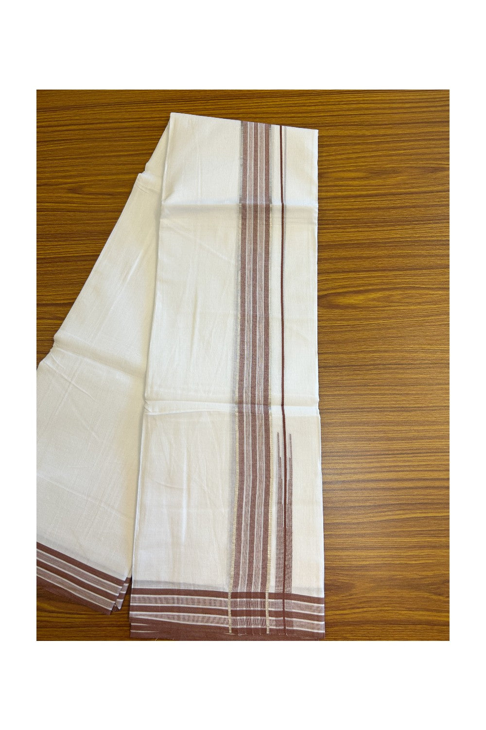 20% Discount !! Kaitharikada Balaramapuram 100% Cotton Pure White Double Mundu/Dothi - 80X90 - 1.75 Inch Silver Kasav Walnut Brown Stripes Chuty Kara 3.70 m (8 Muzham) - 59KK5115THI