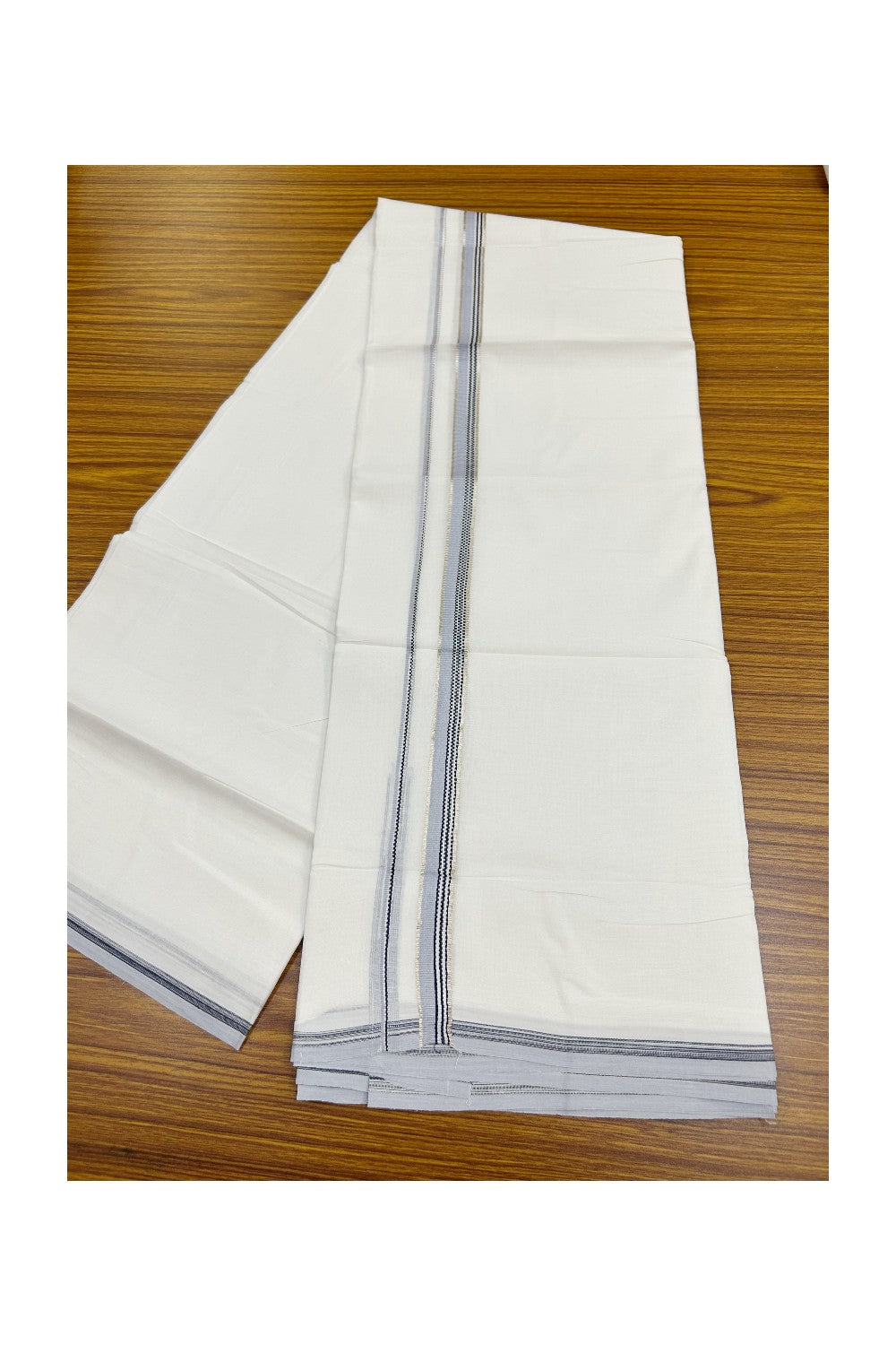 20% Discount !! Kaitharikada Balaramapuram 100% Cotton PURE WHITE DOUBLE Mundu/Dothi- 100X80 Thread - 0.5 inch - Silver Kasavu Black & Ash Blue Design Chutty Kara - 40KK5191CKS