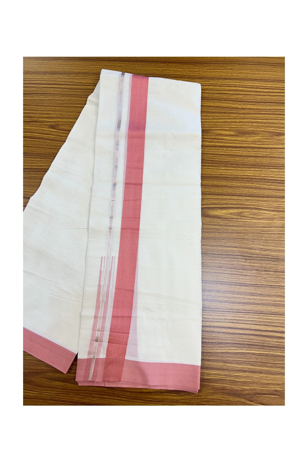 20% Discount ! KaithariKada Balaramapuram 100% Cotton Double OFF WHITE - (Unbleached) - Mundu / Dhoti- 100x80 - Puliyilakkara 1.5 inch Silver kasavu Rose Pink striped chutty - 40KK5213 VIN