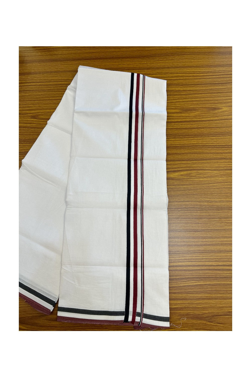 ADMK VESHTI - 20% DISCOUNT! KaithariKada 100% Cotton PURE WHITE Double Mundu/Dhoti - 100X100 - 1 inch Black White & Maroon kara 4 mtr (8.5 muzham) - 2KK5102ASH