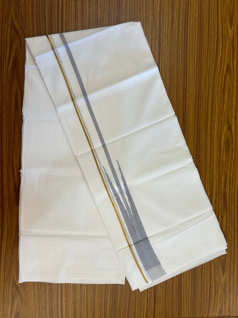 24% Discount! KaithariKada Balaramapuram 100% Cotton Pure white Double Mundu/Dhoti - (100x80)s - 1.5 inch Puliyilakkara Navy Blue Stripes Chutty Gold Kasav - 40 KK5258 THI