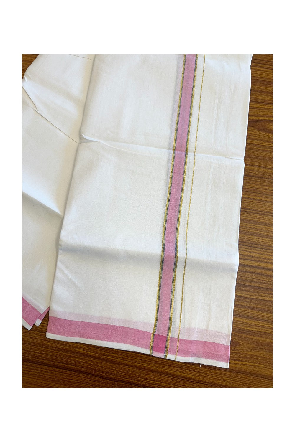 25% OFFER! KaithariKada 100% Cotton Balaramapuram HANDLOOM Single PURE WHITE Mundu/Dhoti - 3.5 cm Pink Kasavu Kara & Blue Stripes Design (2 meter / 4 muzham)- 40KK5067KK