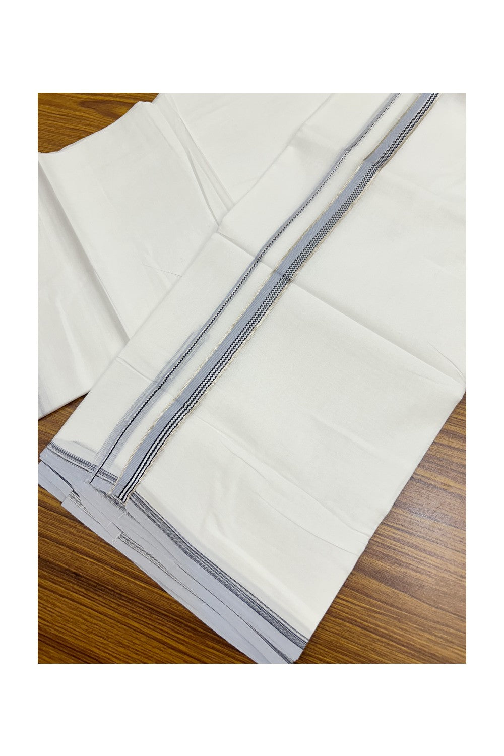 20% Discount !! Kaitharikada Balaramapuram 100% Cotton PURE WHITE DOUBLE Mundu/Dothi- 100X80 Thread - 0.5 inch - Silver Kasavu Black & Ash Blue Design Chutty Kara - 40KK5191CKS