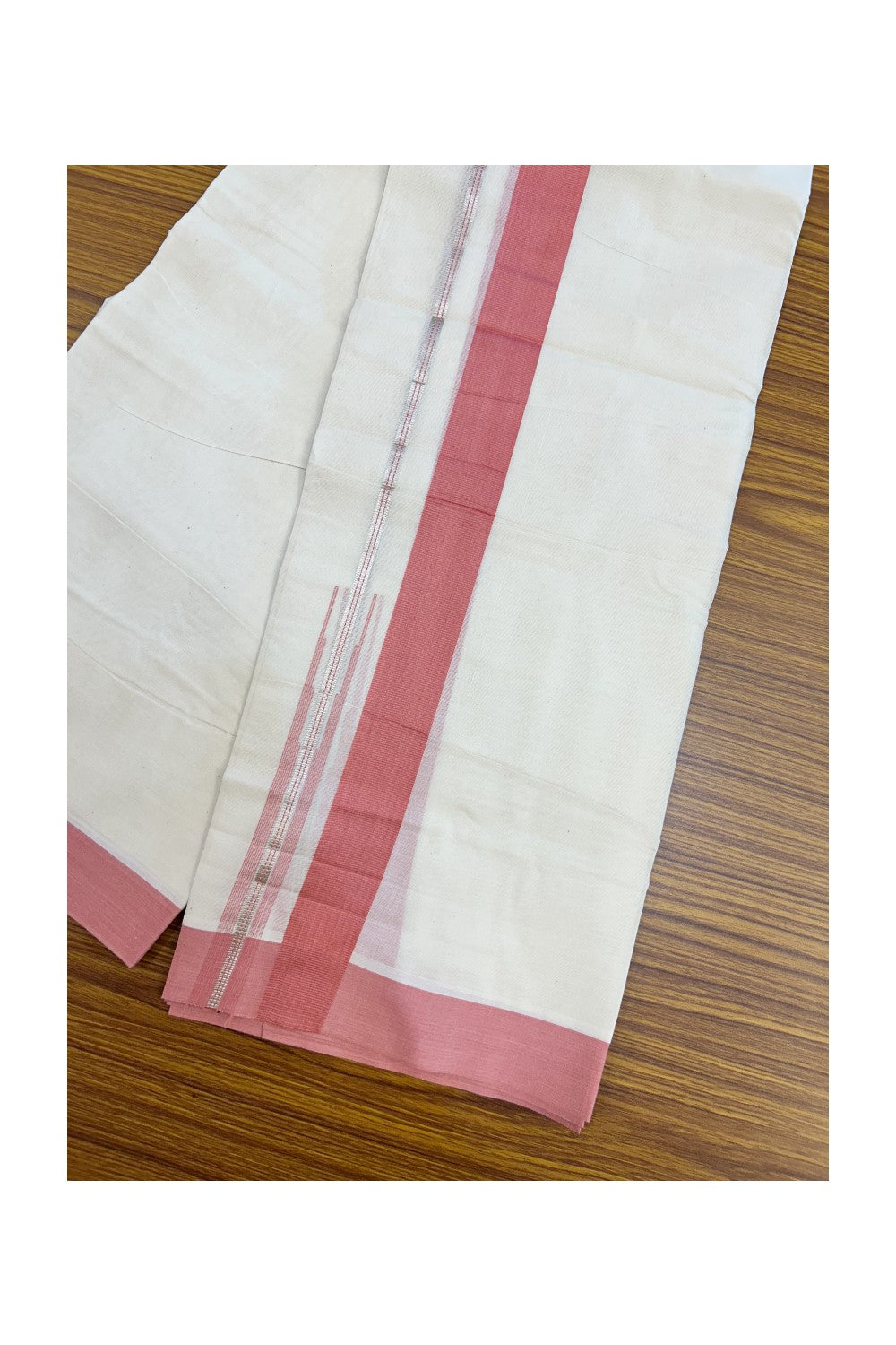 20% Discount ! KaithariKada Balaramapuram 100% Cotton Double OFF WHITE - (Unbleached) - Mundu / Dhoti- 100x80 - Puliyilakkara 1.5 inch Silver kasavu Rose Pink striped chutty - 40KK5213 VIN
