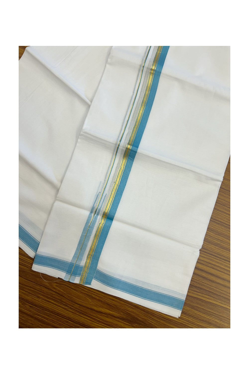 20% DISCOUNT!! Kaitharikada Balaramapuram 100% Pure Cotton PURE WHITE Double Mundu/Dothi - 100x80 - 0.75 Inch Cyan Blue & Gold Kasavu shaded Stripes Puliyilakkara Chutty - 40KK5217 CKS