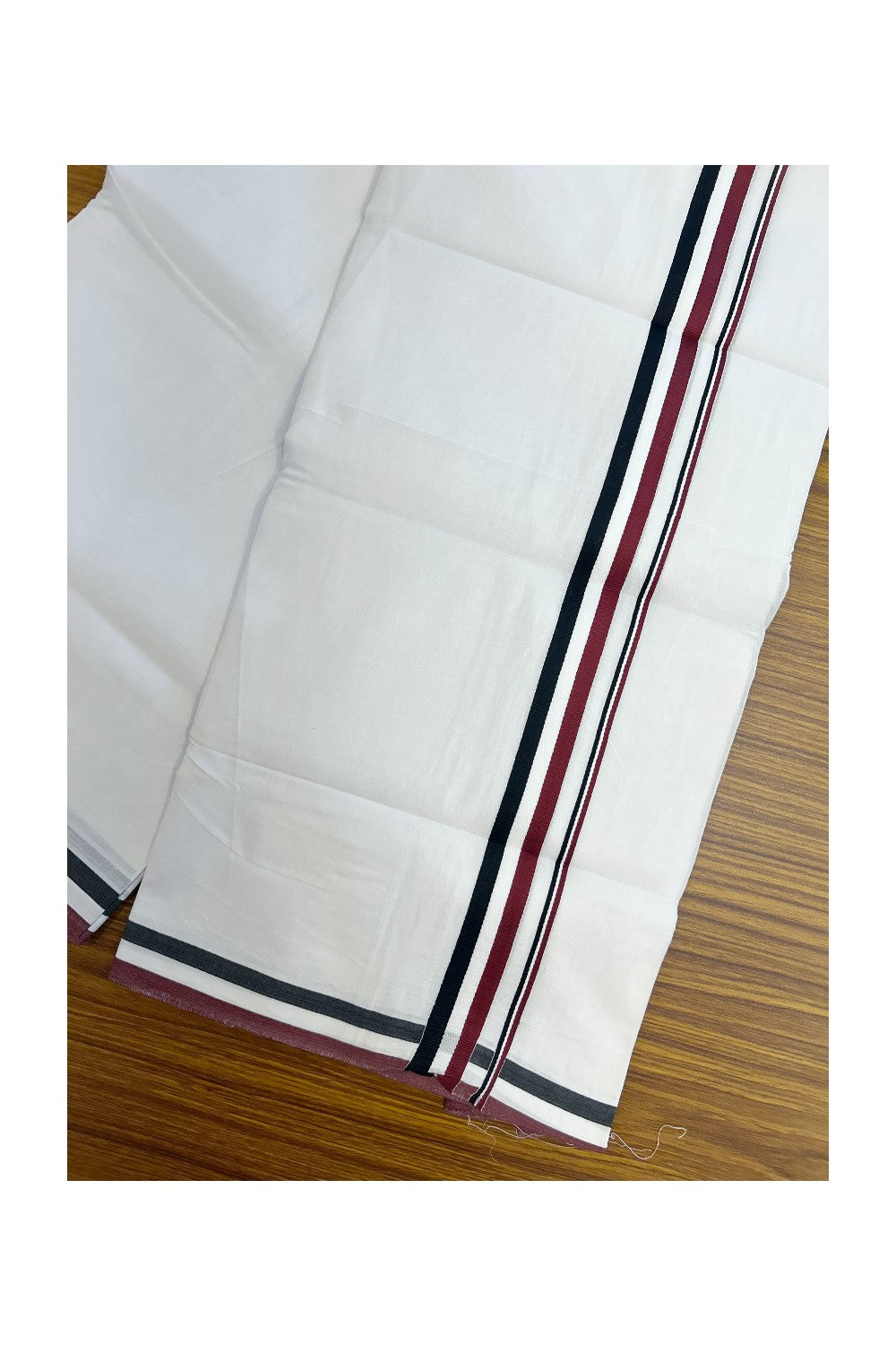 ADMK VESHTI - 20% DISCOUNT! KaithariKada 100% Cotton PURE WHITE Double Mundu/Dhoti - 100X100 - 1 inch Black White & Maroon kara 4 mtr (8.5 muzham) - 2KK5102ASH