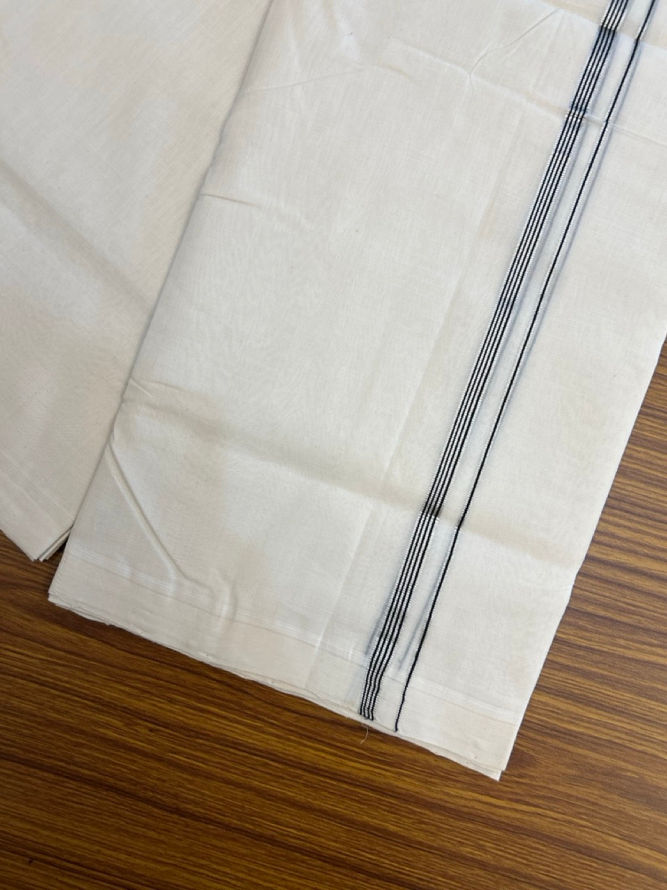 25% DISCOUNT!! KaithariKada HANDLOOM UNAKKUPAAV Balaramapuram - 100% PURE Cotton OFF White - (Unbleached) Double Mundu/Dothi - 100 x 80 - 0.25 inch Silver Black Stripes Kara 4 meter - 40 KK5249 REA