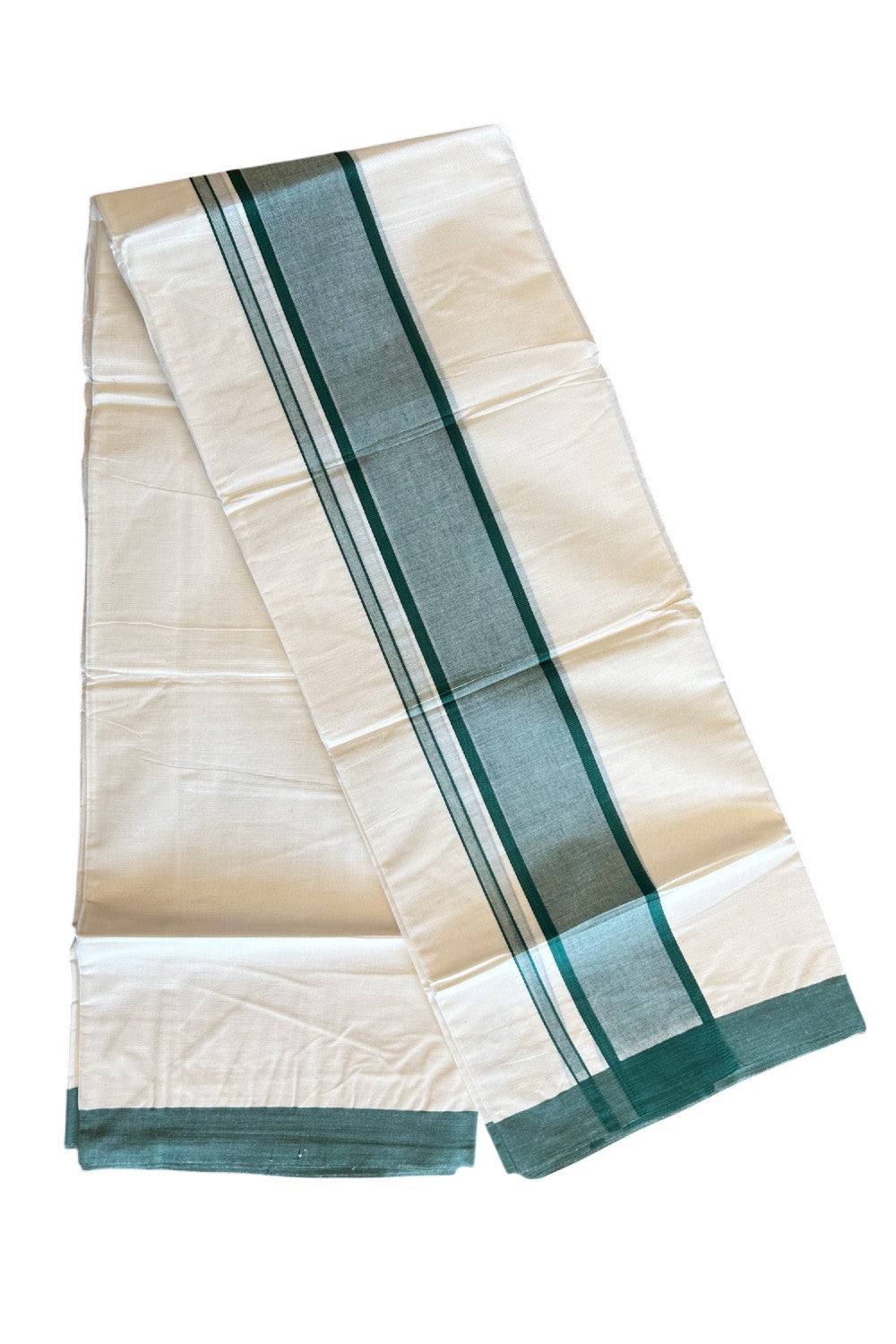 10% Discount ! KaithariKada Balaramapuram 100%  Cotton Double Off white - (Unbleached) Mundu/Dhoti - 100X100 - 3.75 inch Green Kara - 26.