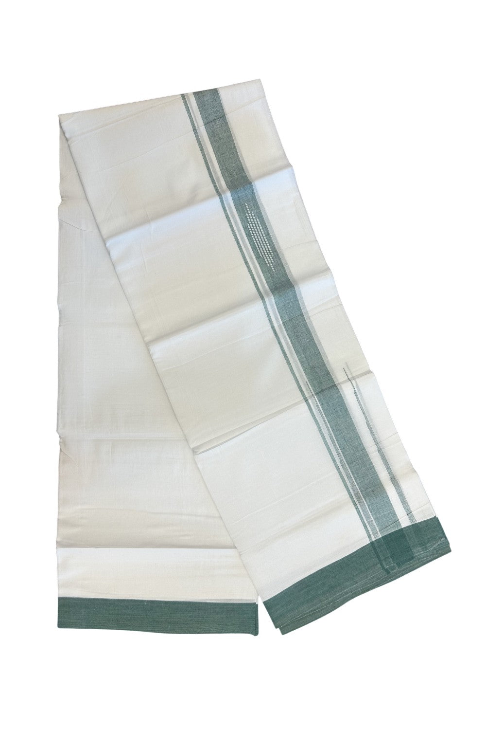27% DISCOUNT!!! KaithariKada Balaramapuram 100% Cotton Double PURE white Mundu/Dhoti - 80X80 - 1.75 Inch Green shaded Centre stripes Putta Chutty kara - 41KK5074THI