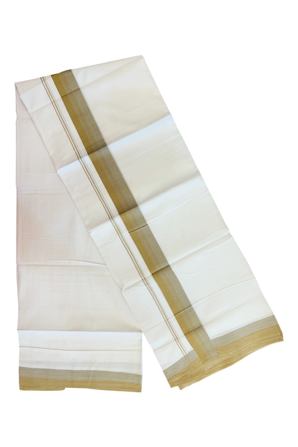 20% Discount ! Kaitharikada Balaramapuram 100% Cotton PURE WHITE Double Mundu/Dothi - 100x80 - 1.5 inch Peanut Brown & Grey Shaded Striped Kara - 41KK5182VAS