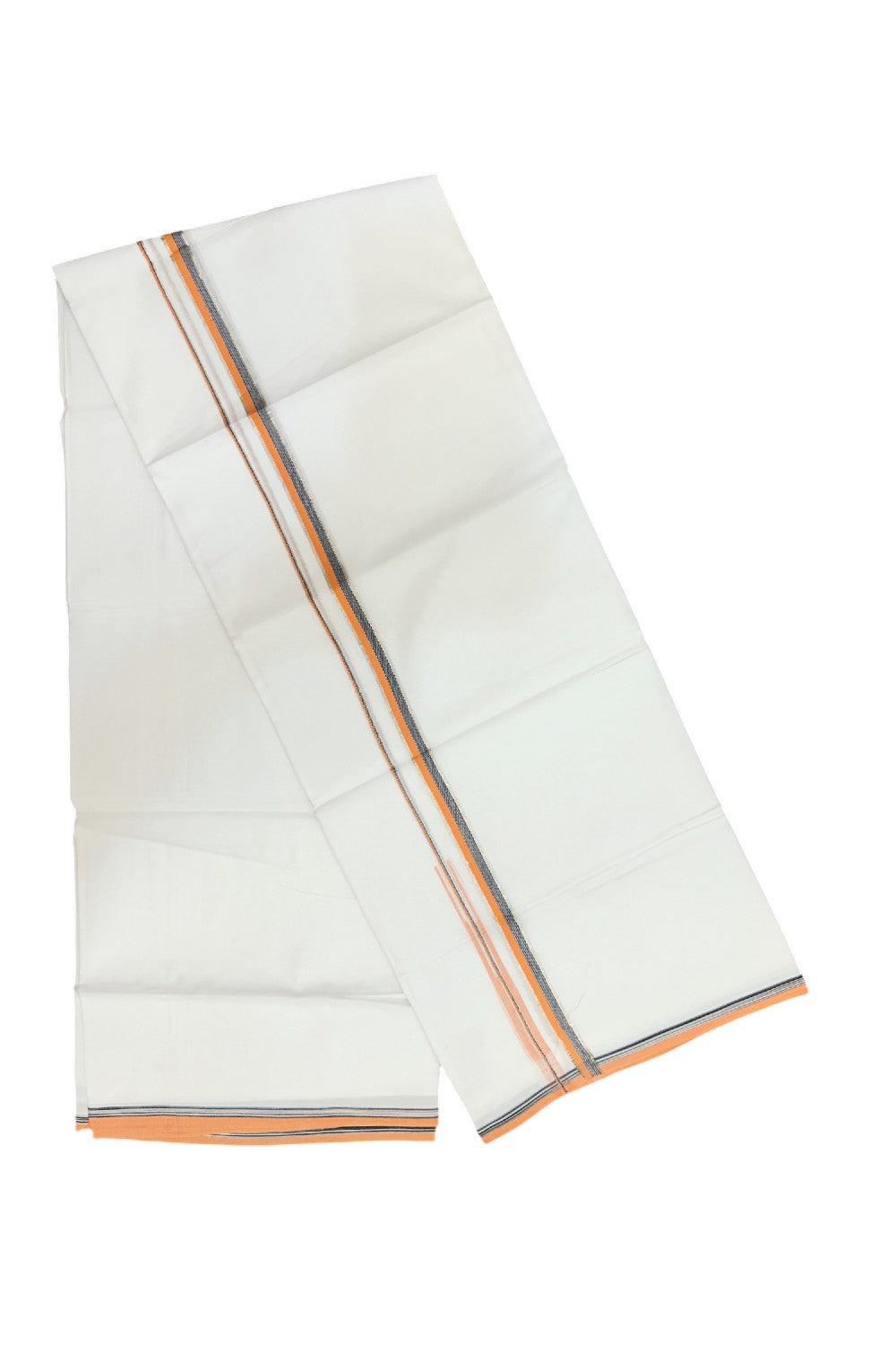 20% Discount !! Kaitharikada Balaramapuram 100% Cotton PURE WHITE DOUBLE Mundu/Dothi- 100X80 Thread - 0.5 inch - Silver Kasavu Neon Orange & Black Design Chutty Kara - 41KK5191CKS