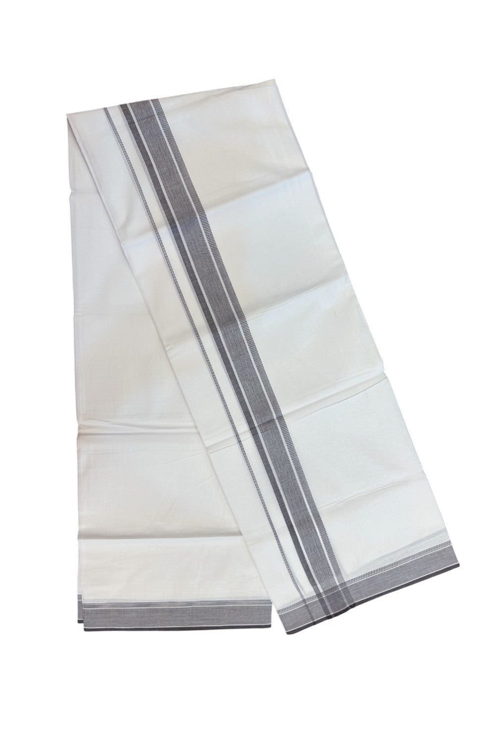 20% Discount ! Kaitharikada Balaramapuram 100% Cotton PURE WHITE Double Mundu/Dothi - 100x80 - 1.75 inch Brown Striped Kara 3.75 mtr (8 muzham) - 41KK5220 THI