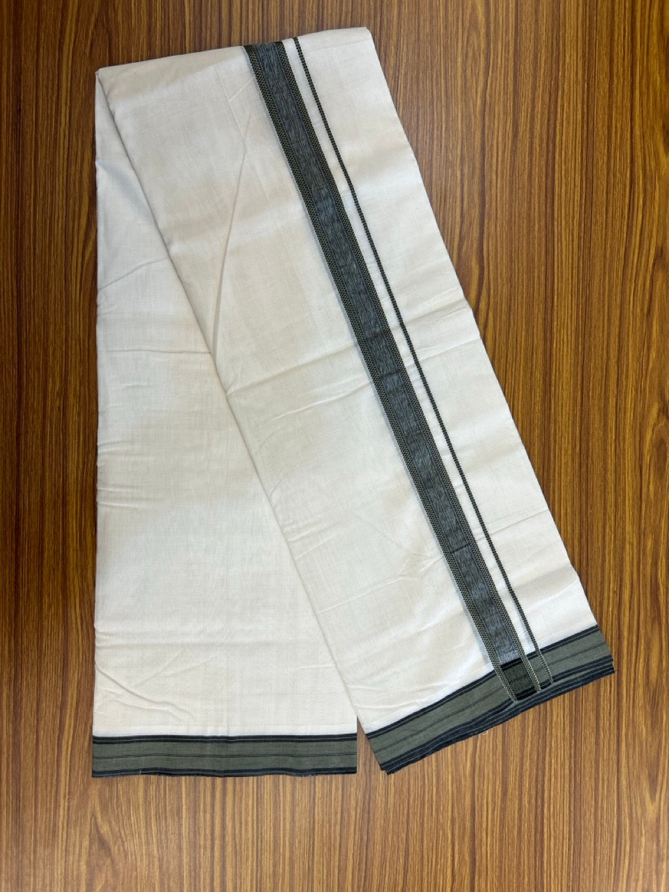 25% DISCOUNT!! KaithariKada HANDLOOM UNAKKUPAAV Balaramapuram - 100% PURE Cotton OFF White - (Unbleached) Double Mundu/Dothi - 100 x 80 - 1 inch Black Green Shaded 3.80 meter (8.5 mulam) - 41 KK5249 REA