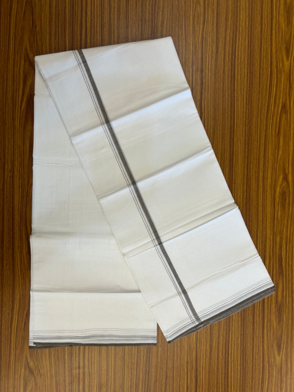 20% DISCOUNT!! NEW!! KaithariKada Balaramapuram 100% Cotton PURE WHITE Double Mundu/Dhoti - (100x80)s - 0.5 inch Brown Shaded - 41 KK5249 VIN