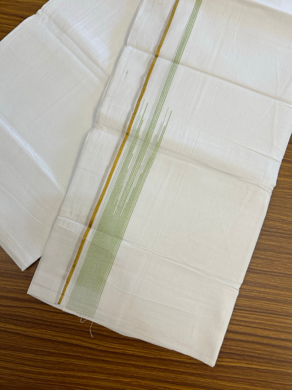 24% Discount! KaithariKada Balaramapuram 100% Cotton Pure white Double Mundu/Dhoti - (100x80)s - 1.5 inch Puliyilakkara Fluorescent Green Stripes Chutty Gold Kasav - 41 KK5258 THI