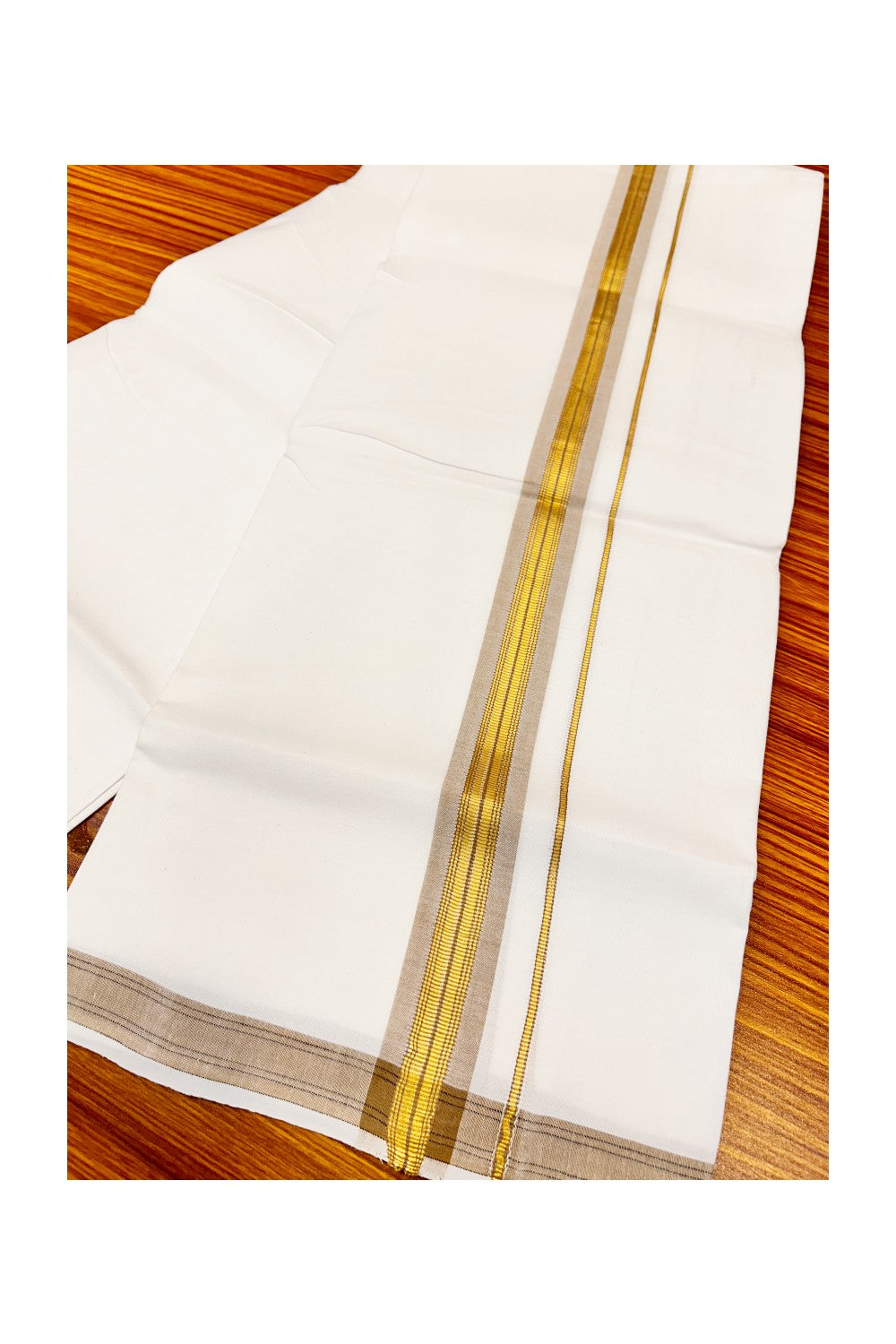 30% OFFER! KaithariKada 100% Cotton Balaramapuram HANDLOOM Single PURE WHITE Mundu/Dhoti - 1.75 inch (2 meter / 4 muzham) Light Brown Kasavu Kara - 41KAI.