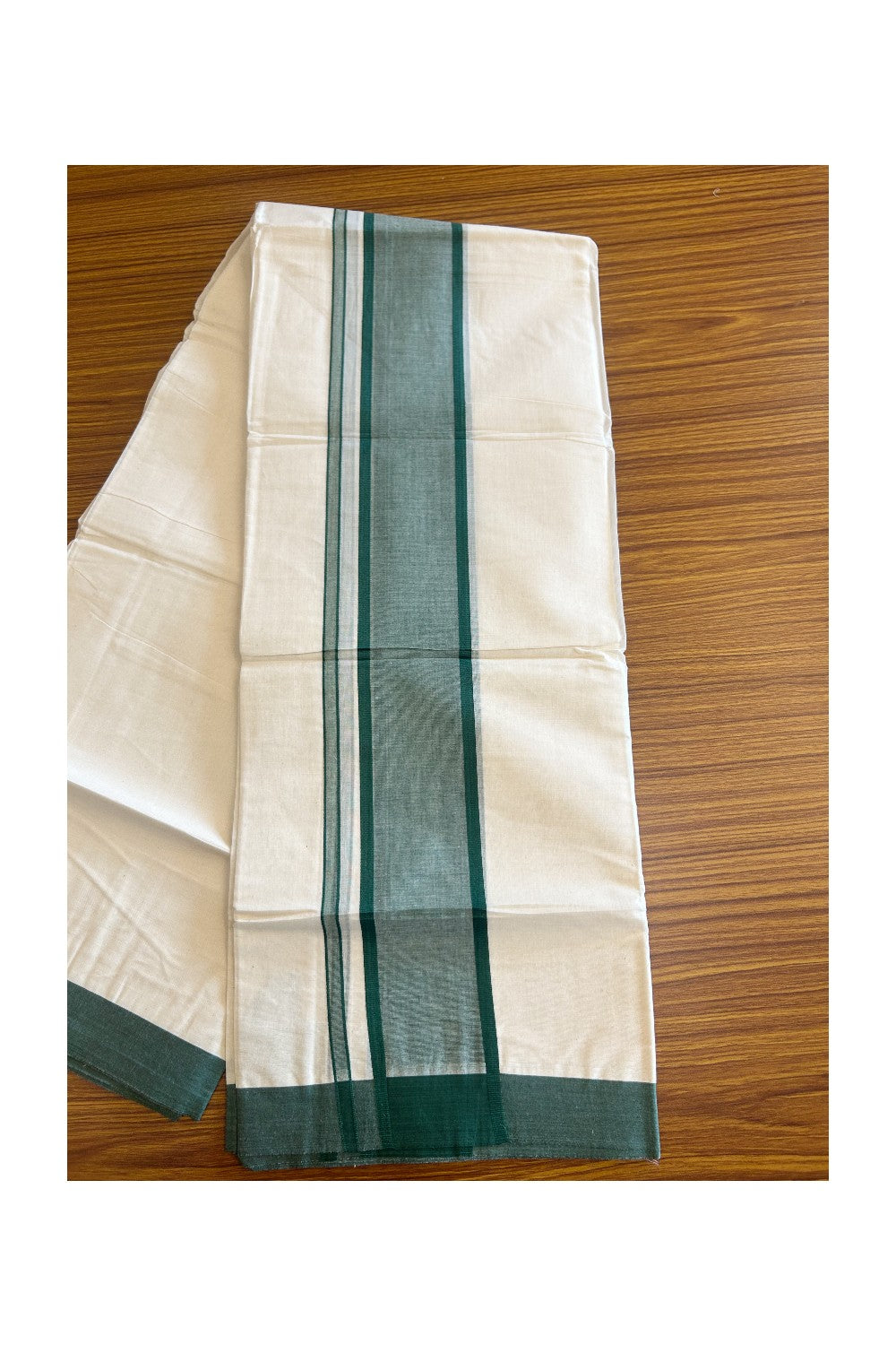 10% Discount ! KaithariKada Balaramapuram 100%  Cotton Double Off white - (Unbleached) Mundu/Dhoti - 100X100 - 3.75 inch Green Kara - 26.