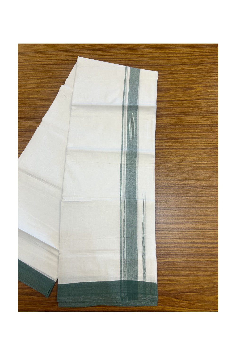27% DISCOUNT!!! KaithariKada Balaramapuram 100% Cotton Double PURE white Mundu/Dhoti - 80X80 - 1.75 Inch Green shaded Centre stripes Putta Chutty kara - 41KK5074THI