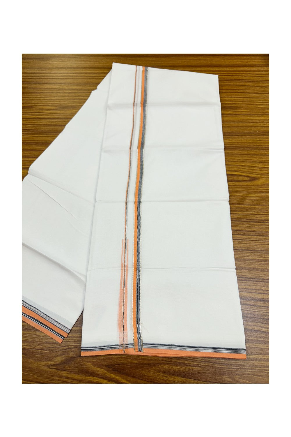 20% Discount !! Kaitharikada Balaramapuram 100% Cotton PURE WHITE DOUBLE Mundu/Dothi- 100X80 Thread - 0.5 inch - Silver Kasavu Neon Orange & Black Design Chutty Kara - 41KK5191CKS
