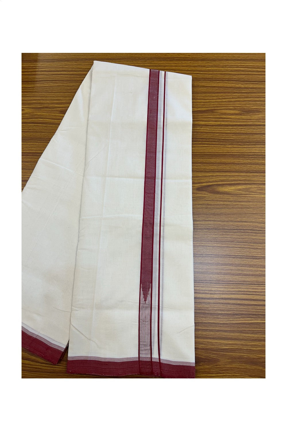 25% DISCOUNT!! KaithariKada HANDLOOM UNAKKUPAAV Balaramapuram - 100% PURE Cotton OFF White - (Unbleached) Double Mundu/Dothi - 80X100 - 1 inch Puliyilakkara Reddish Maroon chutty Kara 3.80 meter (8.5 Muzham) - 41KK5209 REA