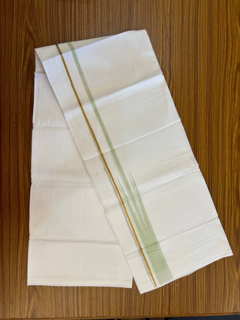 24% Discount! KaithariKada Balaramapuram 100% Cotton Pure white Double Mundu/Dhoti - (100x80)s - 1.5 inch Puliyilakkara Fluorescent Green Stripes Chutty Gold Kasav - 41 KK5258 THI