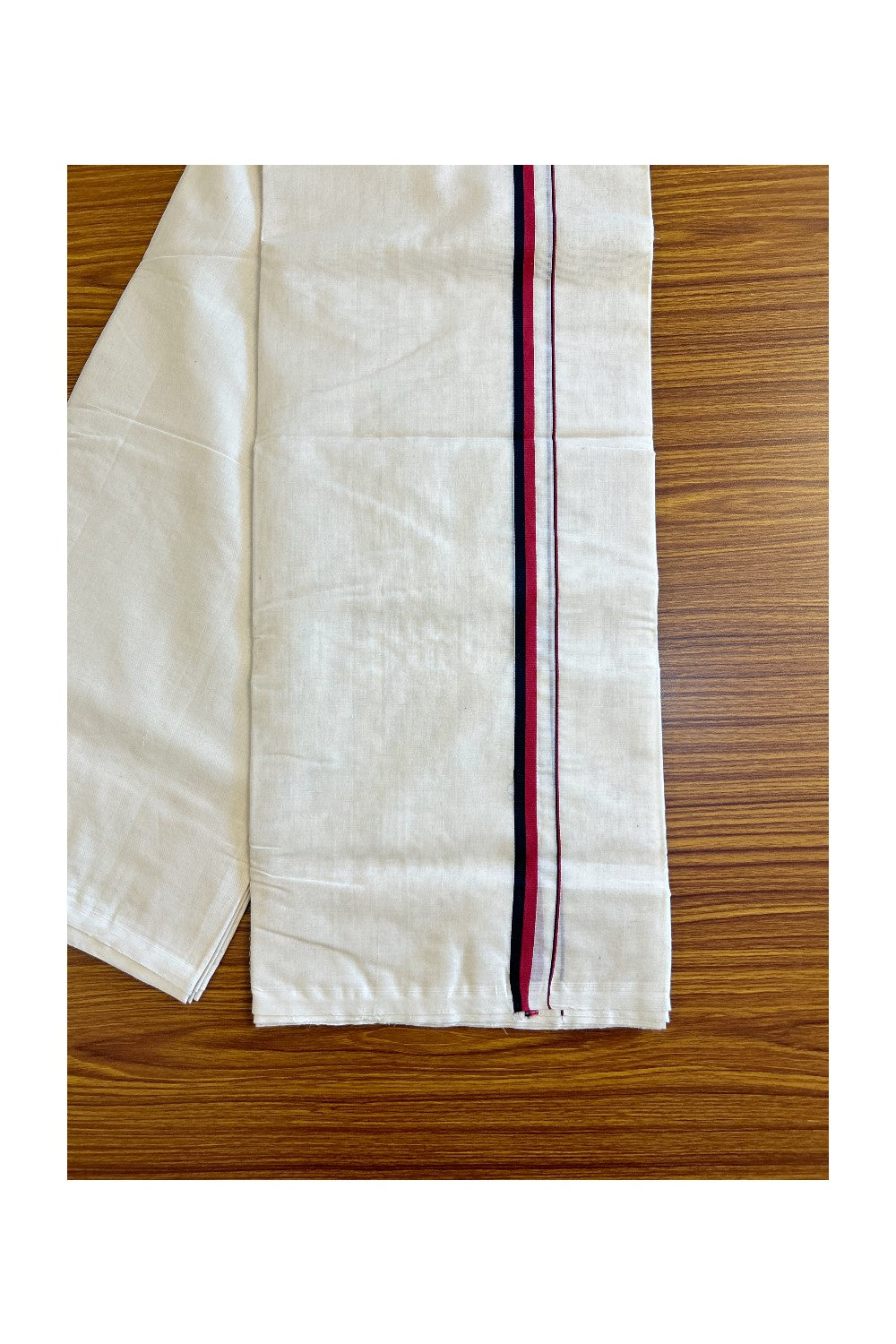 Dmk Veshti - 15% Discount!!! KaithariKada Handloom Unakkupaav Balaramapuram - 100% Pure Cotton off white (Unbleached) Double Mundu/Dhoti - Maroon Red & Black kara Dmk - 41KK458SOM
