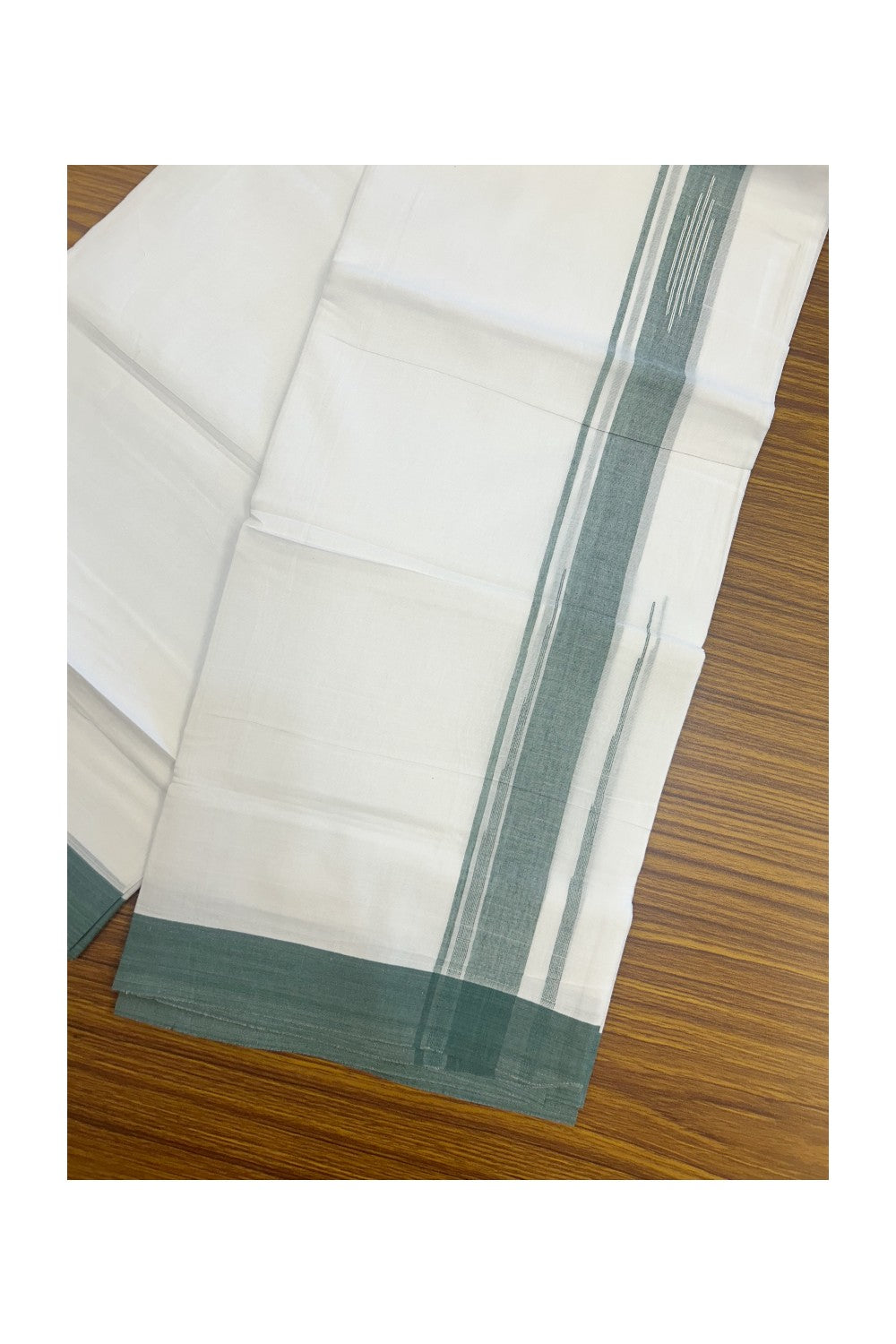 27% DISCOUNT!!! KaithariKada Balaramapuram 100% Cotton Double PURE white Mundu/Dhoti - 80X80 - 1.75 Inch Green shaded Centre stripes Putta Chutty kara - 41KK5074THI