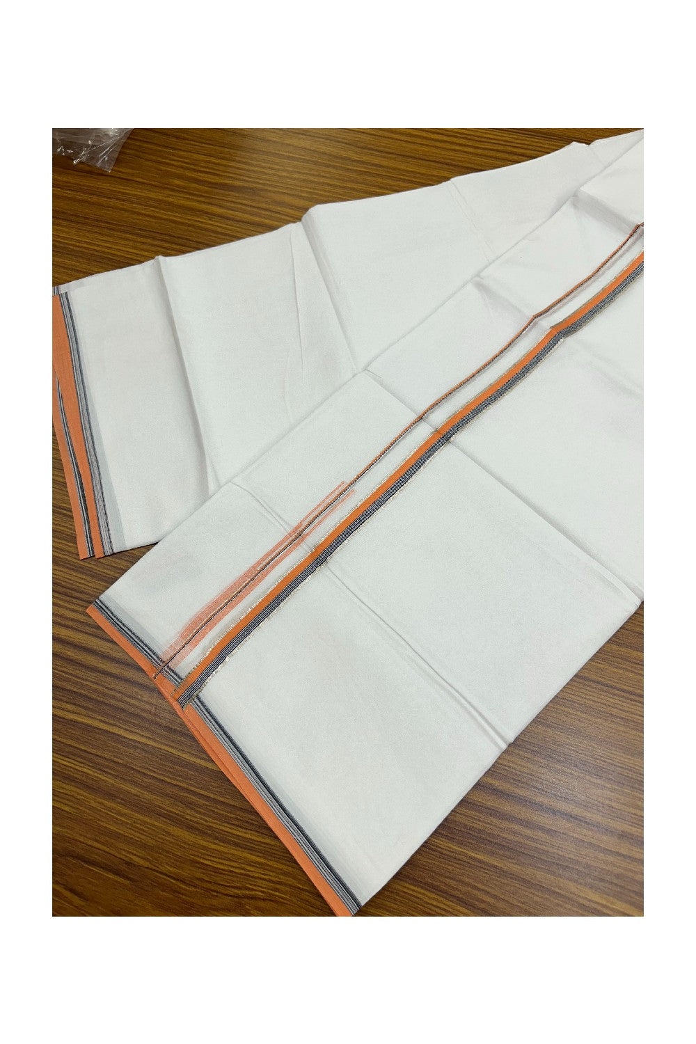 20% Discount !! Kaitharikada Balaramapuram 100% Cotton PURE WHITE DOUBLE Mundu/Dothi- 100X80 Thread - 0.5 inch - Silver Kasavu Neon Orange & Black Design Chutty Kara - 41KK5191CKS