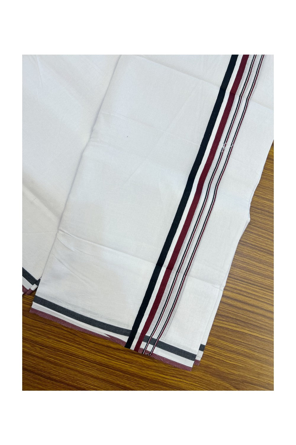 Admk Veshti - 20% Discount! KaithariKada 100% Cotton Pure White Double Mundu/Dhoti - 100X100 - 1 inch Black White & Maroon stripes kara 4 mtr (8.5 muzham) - 39KK5224 ASH
