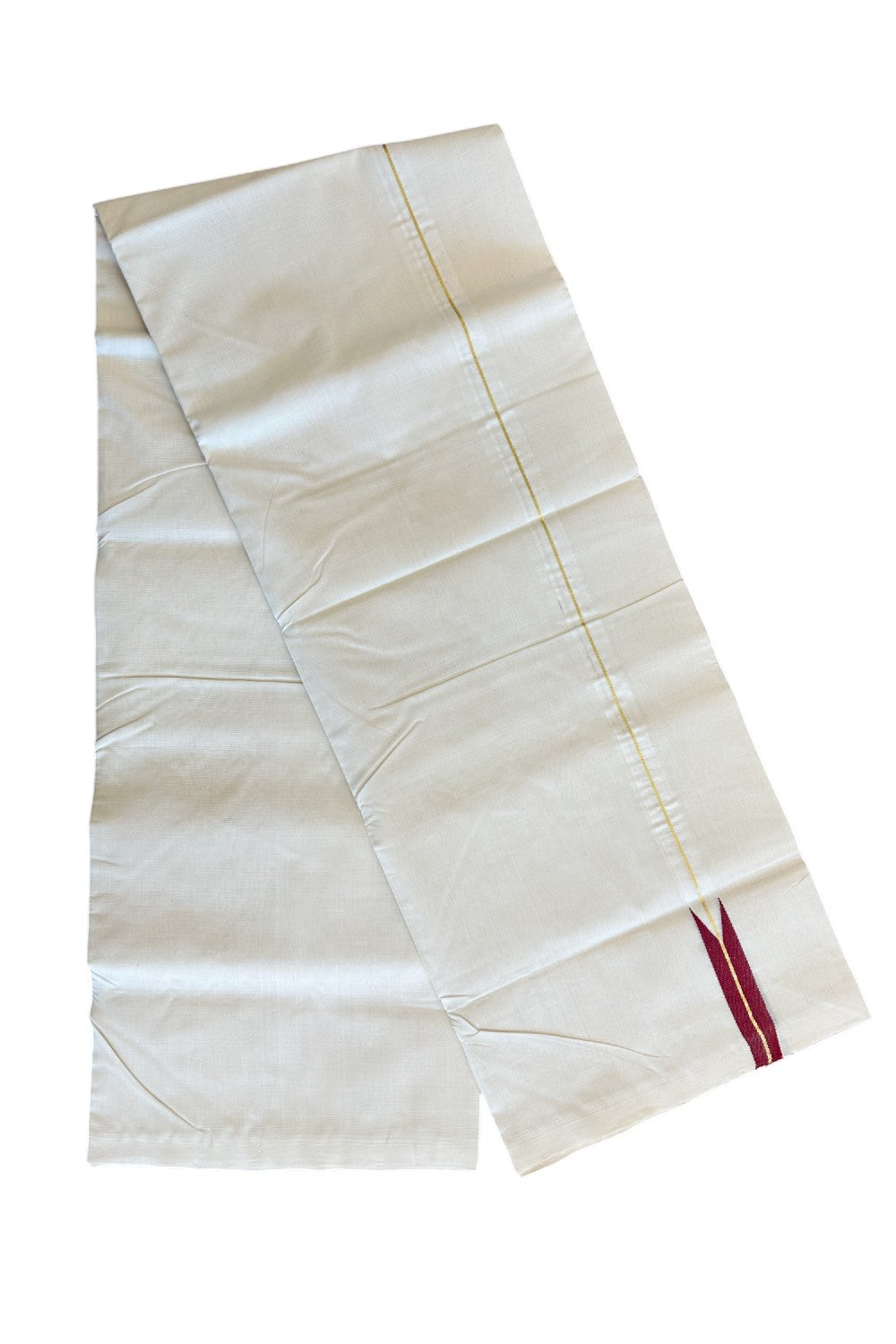 EXCLUSIVE PURE JERRY 30% DISCOUNT!! KaithariKada HANDLOOM Unakkupaavu Balaramapuram - 100% PURE Cotton OFF White (Unbleached) Double Mundu/Dothi - Kasavu Maroon puliyilakkara chutty- 13KK203RAM