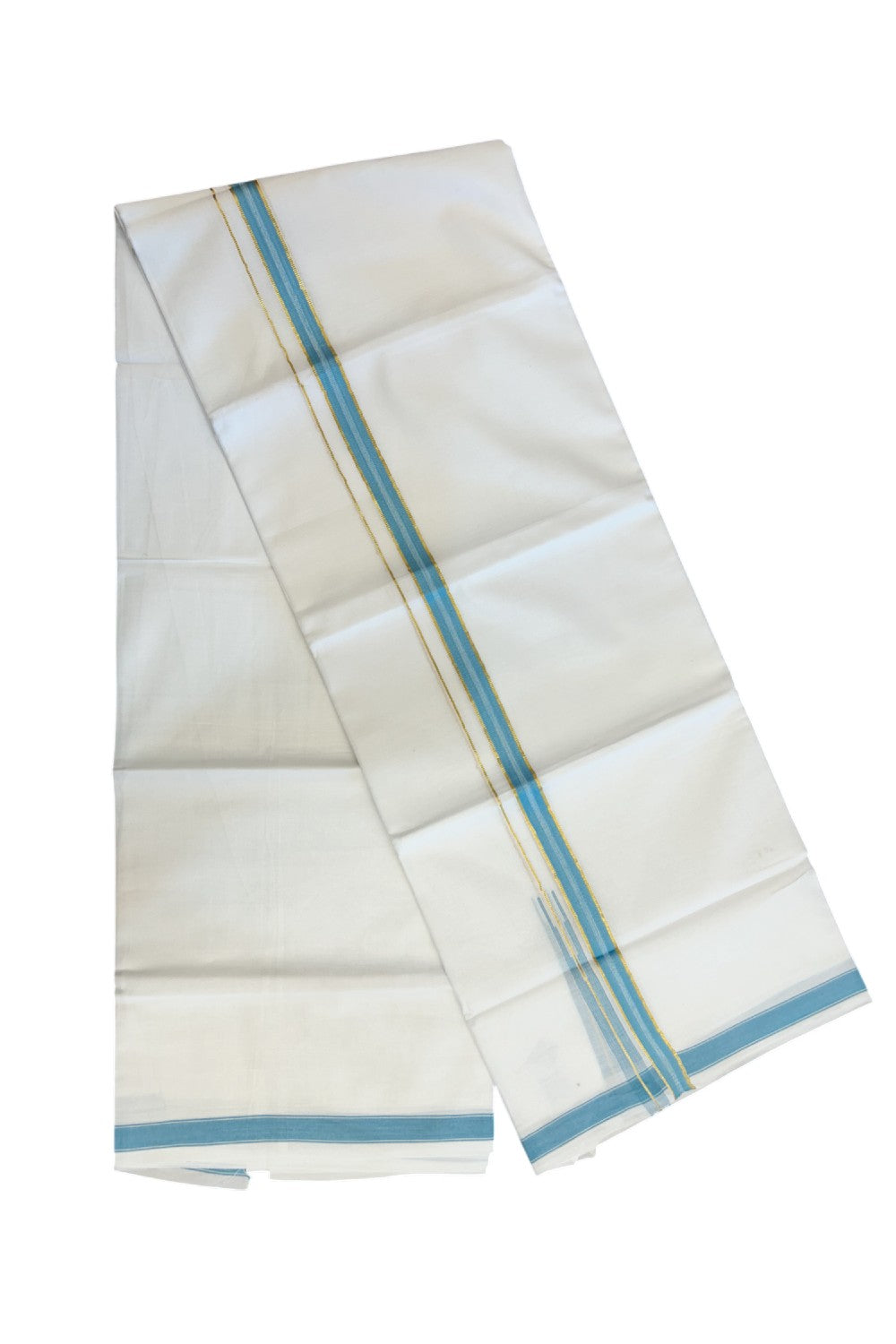 20% DISCOUNT!! Kaitharikada Balaramapuram 100% Pure Cotton PURE WHITE Double Mundu/Dothi - 100x80 - 0.75 Inch Cyan Blue & Gold Kasavu shaded Stripes Puliyilakkara Chutty - 42KK5217 CKS