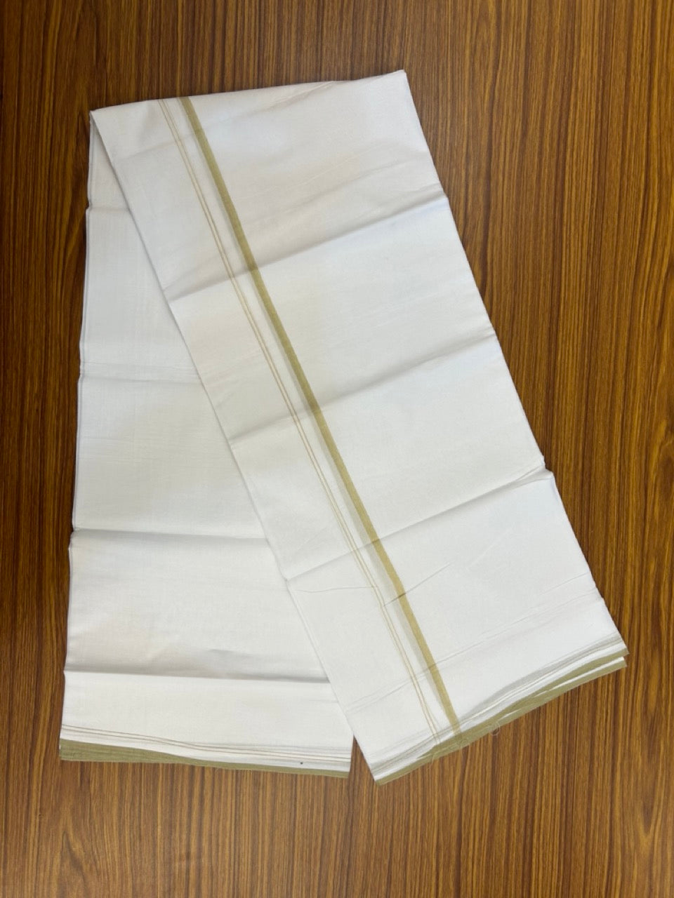 20% DISCOUNT!! NEW!! KaithariKada Balaramapuram 100% Cotton PURE WHITE Double Mundu/Dhoti - (100x80)s - 0.5 inch Mustard Yellow Shaded - 42 KK5249 VIN