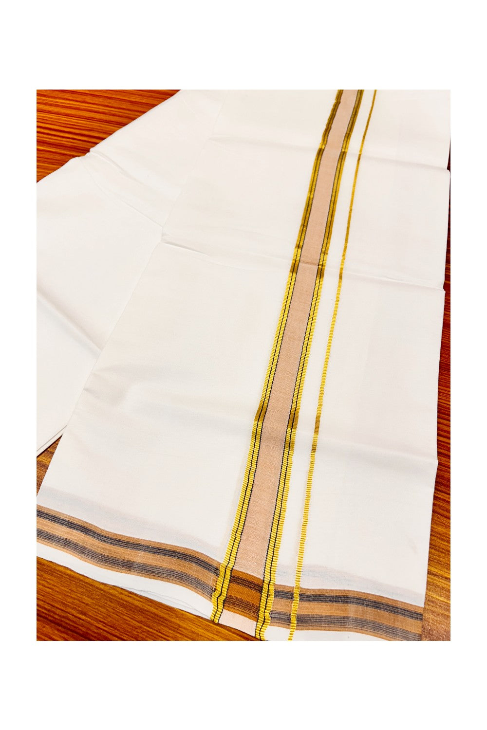 30% OFFER! KaithariKada 100% Cotton Balaramapuram HANDLOOM Single PURE WHITE Mundu/Dhoti - 1.75 inch (2 meter / 4 muzham) Light Brown Kasavu Kara & Stripes - 42KAI.