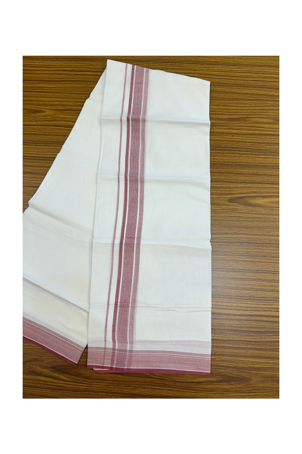 20% Discount ! Kaitharikada Balaramapuram 100% Cotton PURE WHITE Double Mundu/Dothi - 100x80 - 1.5 inch Red Striped Kara 3.75 mtr (8 muzham) - 42KK5220 THI