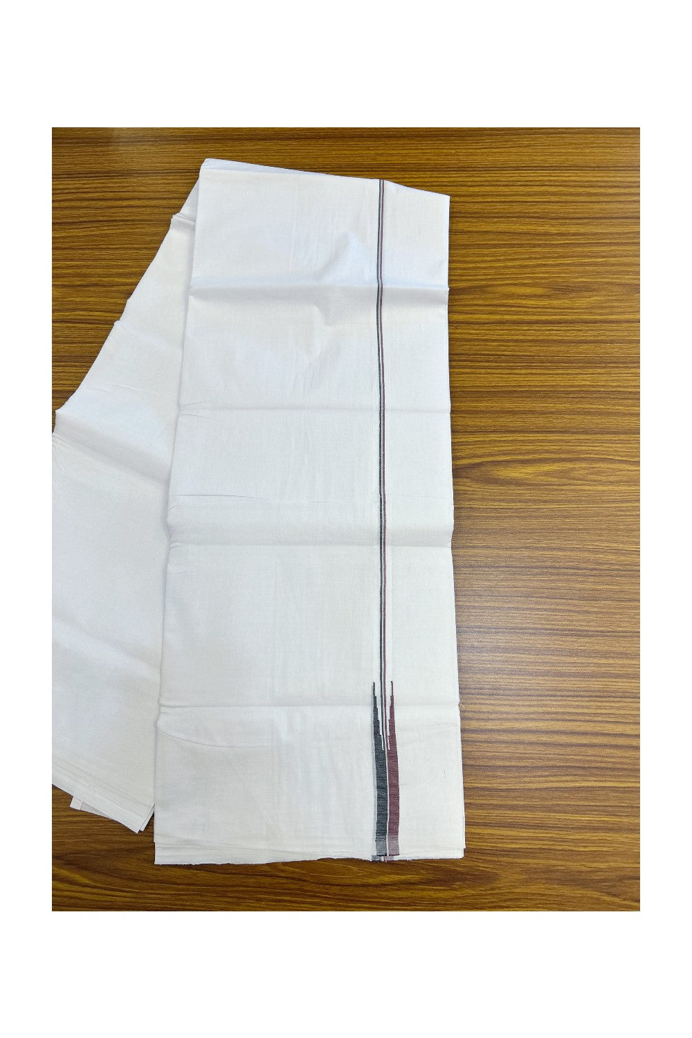 ADMK VESTHI 20% DISCOUNT ! KaithariKada Balaramapuram 100% COTTON DOUBLE PURE WHITE Mundu/Dhoti-100X100- 0.75 Inch Puliyilakkara Maroon & Black Shaded Chutty Kara 3.75 mtr (8 muzham) - 40KK5224 ASH