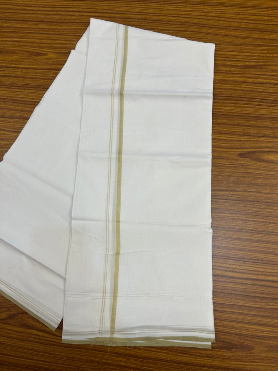 20% DISCOUNT!! NEW!! KaithariKada Balaramapuram 100% Cotton PURE WHITE Double Mundu/Dhoti - (100x80)s - 0.5 inch Mustard Yellow Shaded - 42 KK5249 VIN