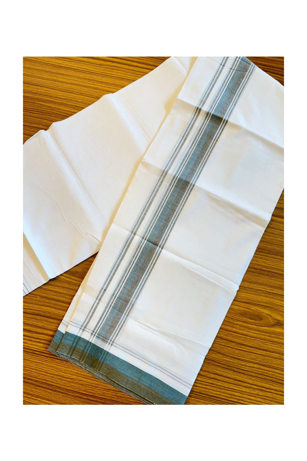 19% DISCOUNT!!! KaithariKada Balaramapuram 100% Cotton Double PURE white Mundu/Dhoti-100x100 2.25 Inch Peacock green & dark olive green stripes kara - 42KK83VIN