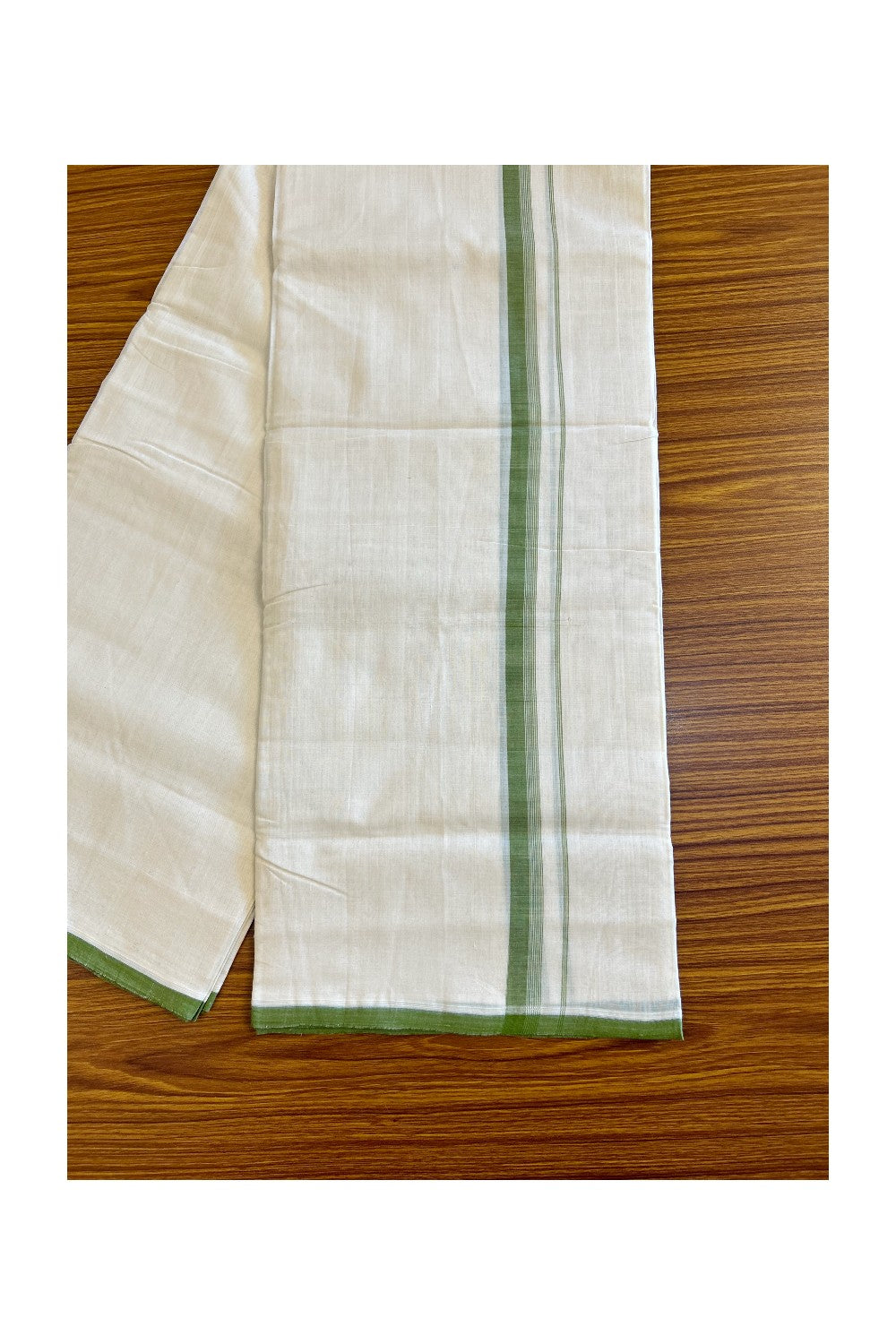 25% Discount!!! KaithariKada Handloom Unakkupaav Balaramapuram - 100% Pure Cotton off white (Unbleached) Double Mundu/Dhoti - Olive green & white stripes kara - 42KK458SOM
