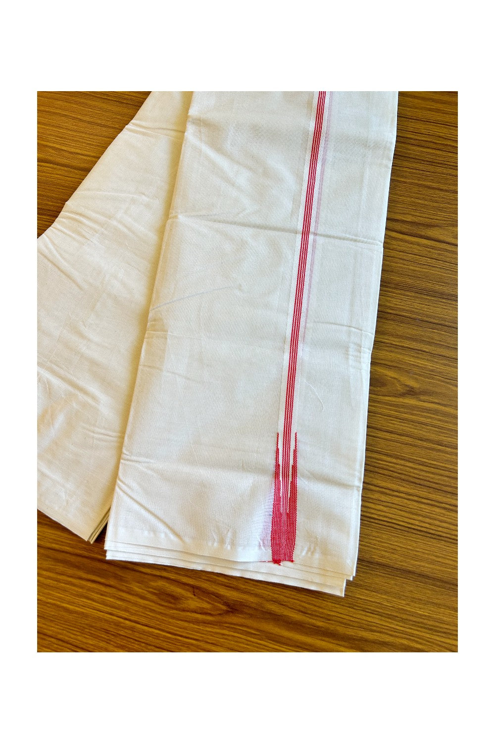 10% Discount ! KaithariKada Balaramapuram 100% Cotton Double Off white - (Unbleached) Mundu/Dhoti-100x100 Puliyilakkara 2.cm Chutty Pink Red Striped kara - 42KK500KK