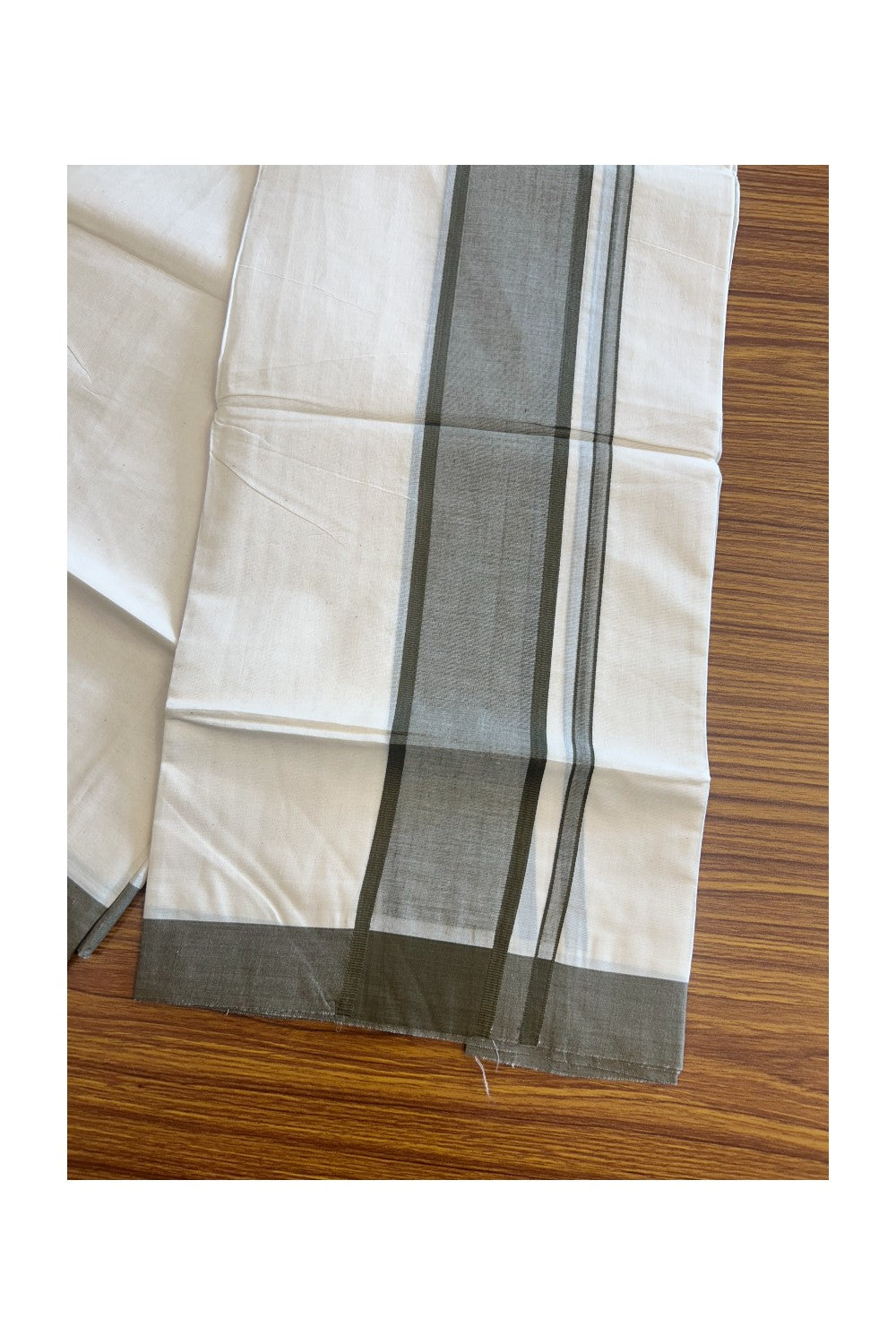 10% DISCOUNT ! KaithariKada Balaramapuram 100% Cotton Double Off white - (Unbleached) - Mundu/Dhoti-100X100-SAGE GREEN 3.75 inch Kara- 24.