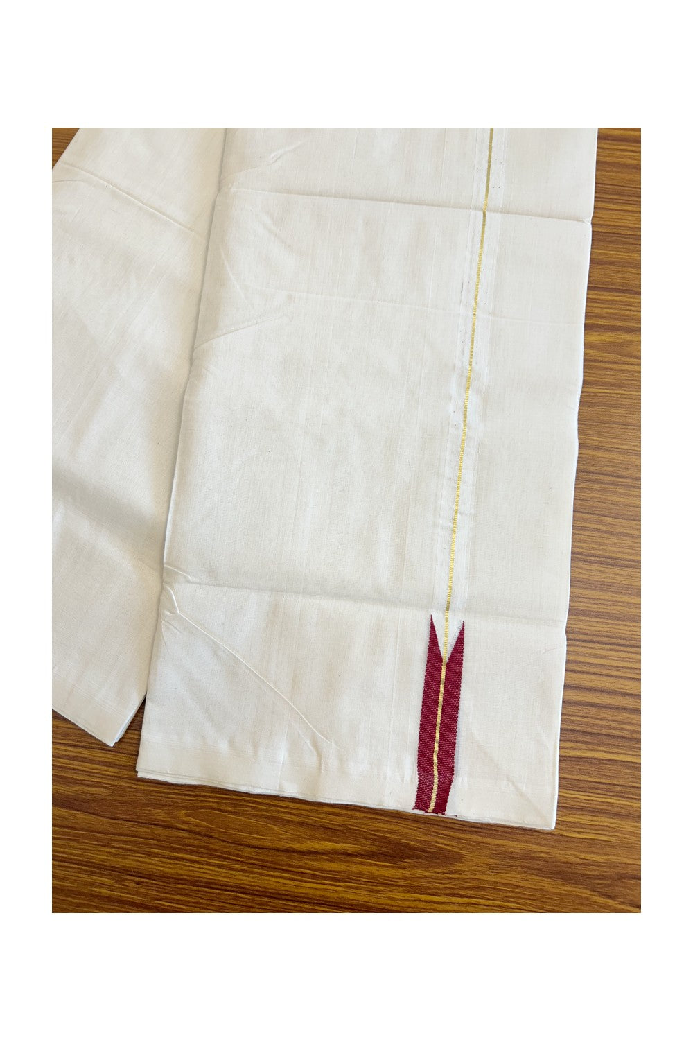 Exclusive Pure Jerry 25% Discount!! KaithariKada Handloom Unakkupaavu Balaramapuram - 100% Pure Cotton Off White (Unbleached) Double Mundu/Dothi - Pure Jerry Kasav Maroon puliyilakkara chutty- 13KK203RAM