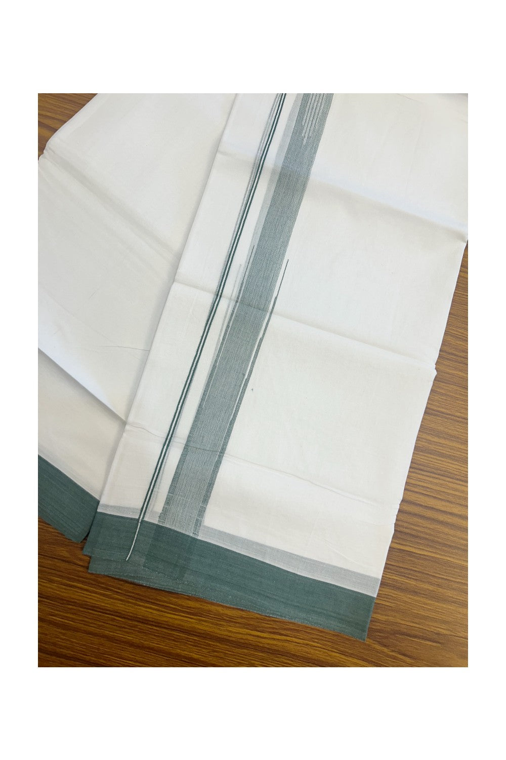 27% DISCOUNT!!! KaithariKada Balaramapuram 100% Cotton Double PURE white Mundu/Dhoti - 80X80 - 1.25 Inch Green shaded Centre stripes Putta Chutty kara - 42KK5074THI