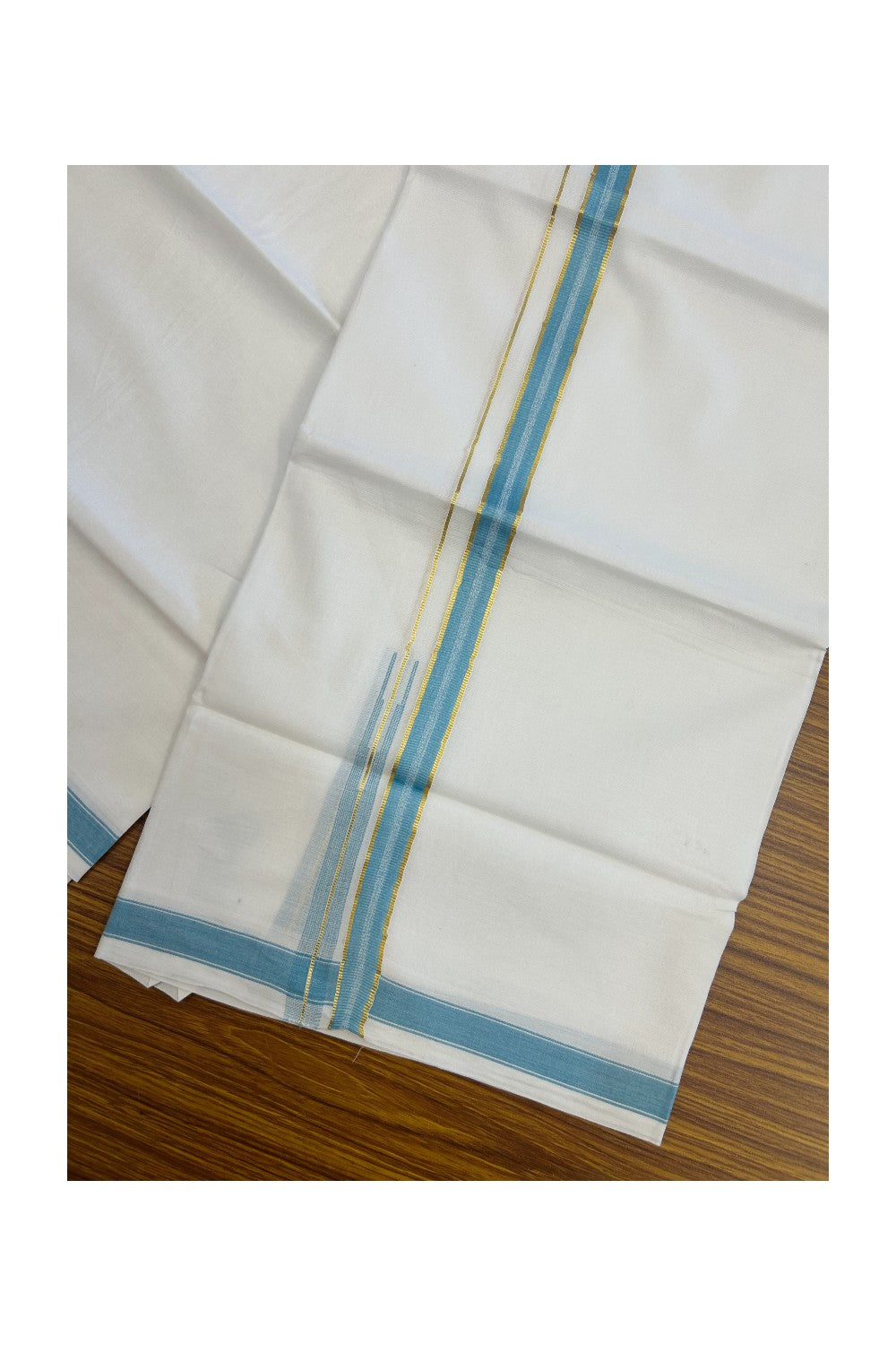 20% DISCOUNT!! Kaitharikada Balaramapuram 100% Pure Cotton PURE WHITE Double Mundu/Dothi - 100x80 - 0.75 Inch Cyan Blue & Gold Kasavu shaded Stripes Puliyilakkara Chutty - 42KK5217 CKS