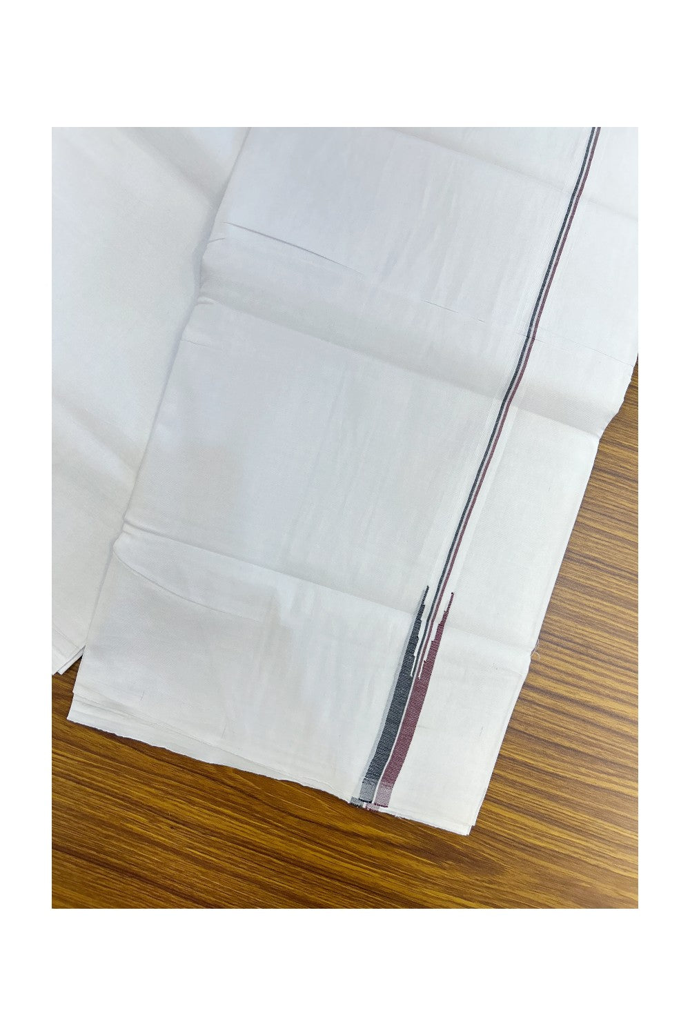 ADMK VESTHI 20% DISCOUNT ! KaithariKada Balaramapuram 100% COTTON DOUBLE PURE WHITE Mundu/Dhoti-100X100- 0.75 Inch Puliyilakkara Maroon & Black Shaded Chutty Kara 3.75 mtr (8 muzham) - 40KK5224 ASH